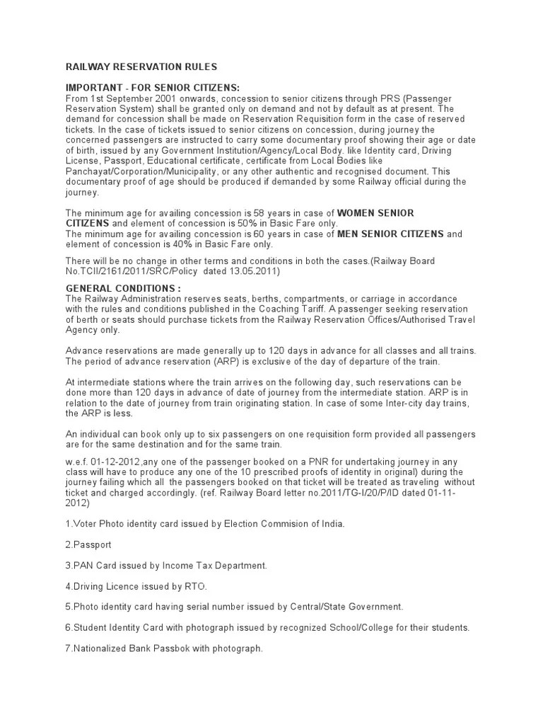 Railway Reservation Rules Important For Senior Citizens PDF