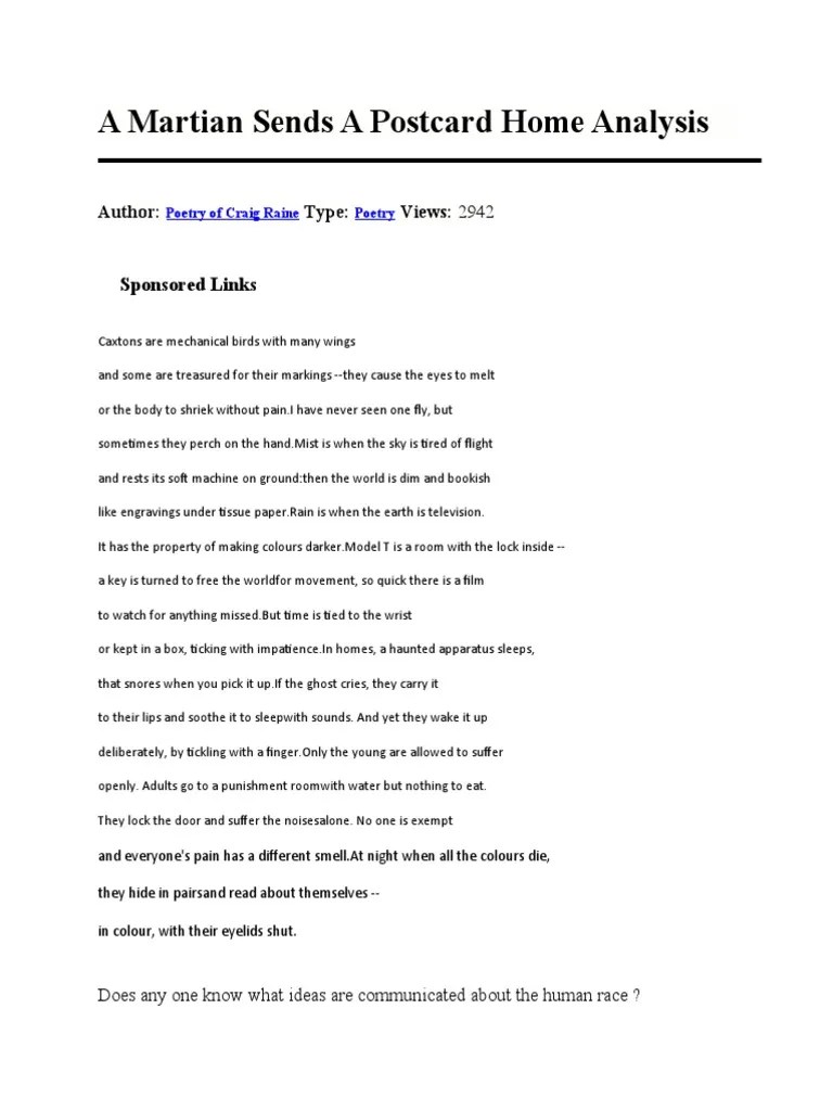 A Martian Sends A Postcard Home Analysis PDF Riddle Poetry