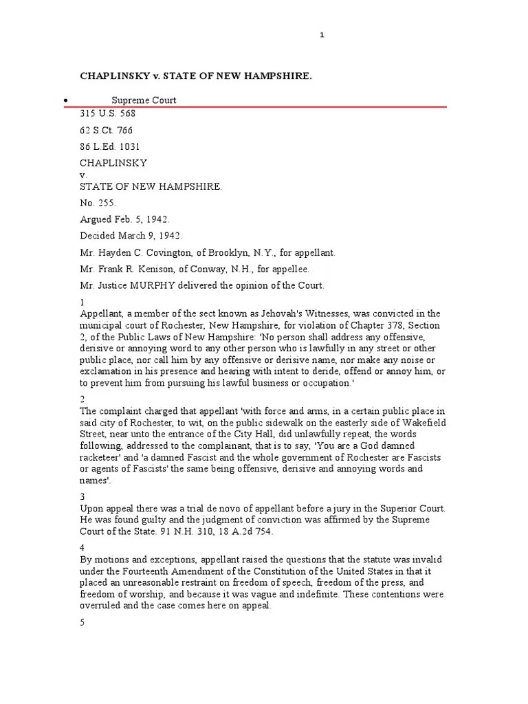 CHAPLINSKY V State of New Hampire PDF Cantwell V. Connecticut