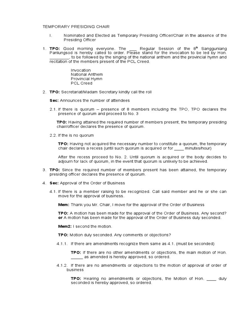 Temporary Presiding Officer's Guide to Presiding Over a Regular Session