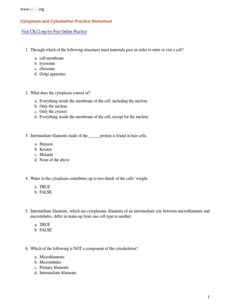 Cytoplasm and Cytoskelton Practice Worksheet | PDF | Cytoskeleton