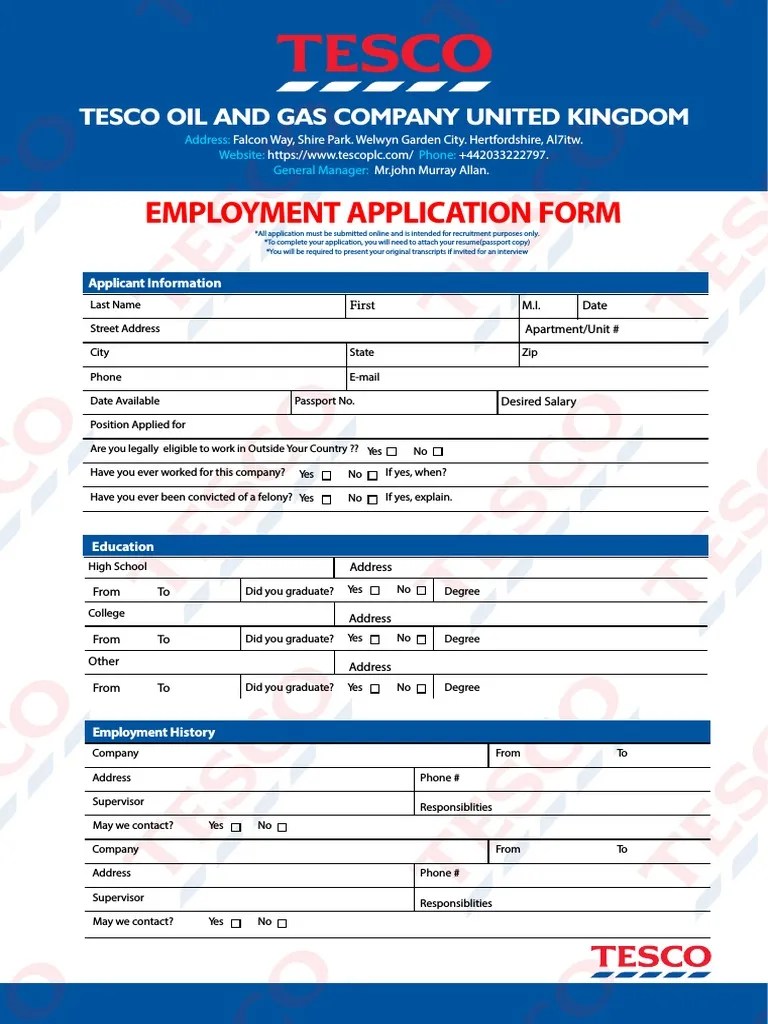 Tesco Oil and Gas Company United Kingdom Job Offer Application Form PDF