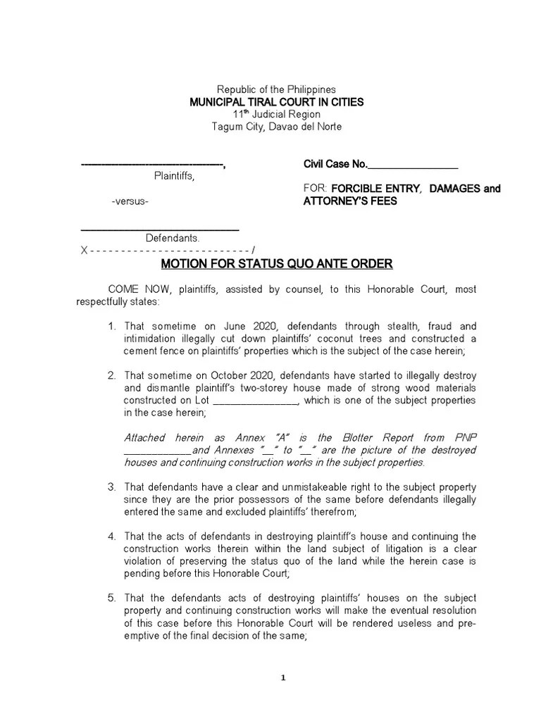 Motion For Status Quo Order PDF Lawsuit Social Institutions