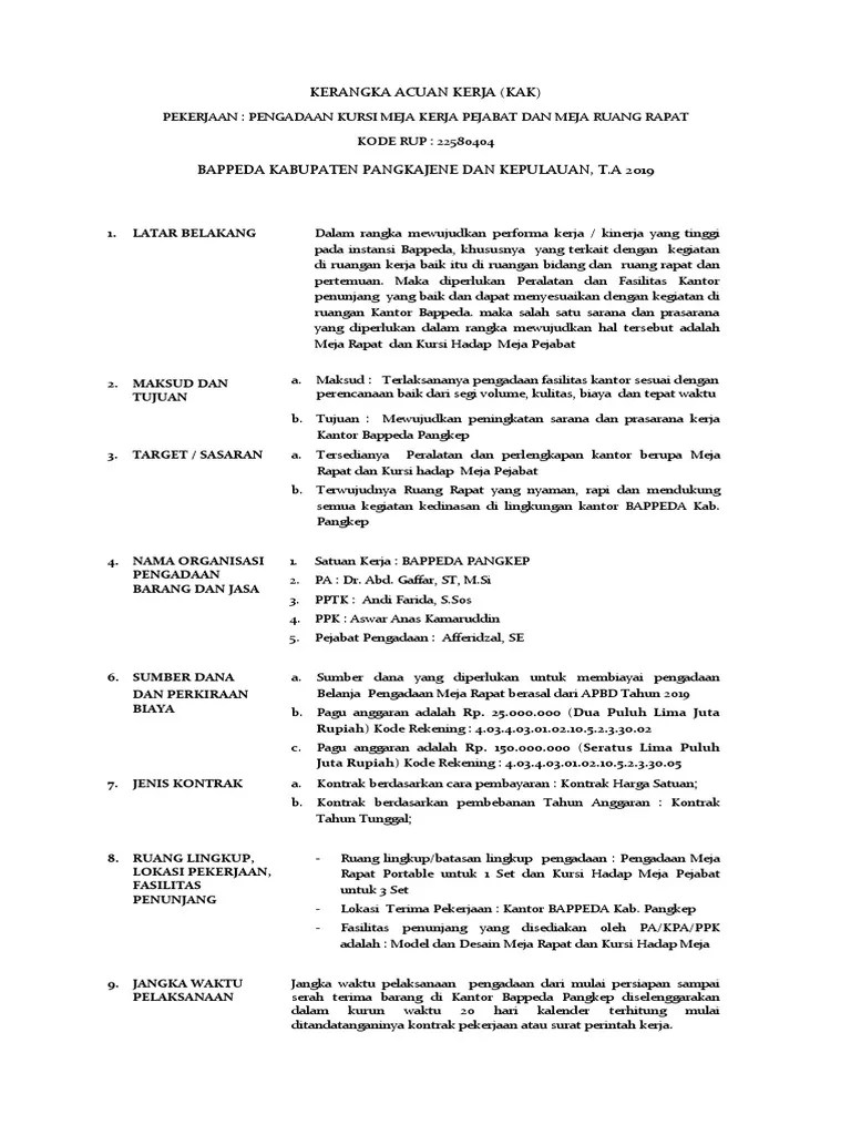 Contoh KAK Pengadaan Meja Rapat Dan Kursi Hadap Meja Pejabat | PDF