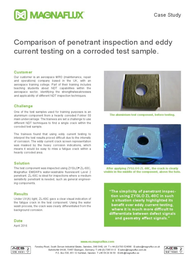 Comparison of Inspection and Eddy Current Testing On A