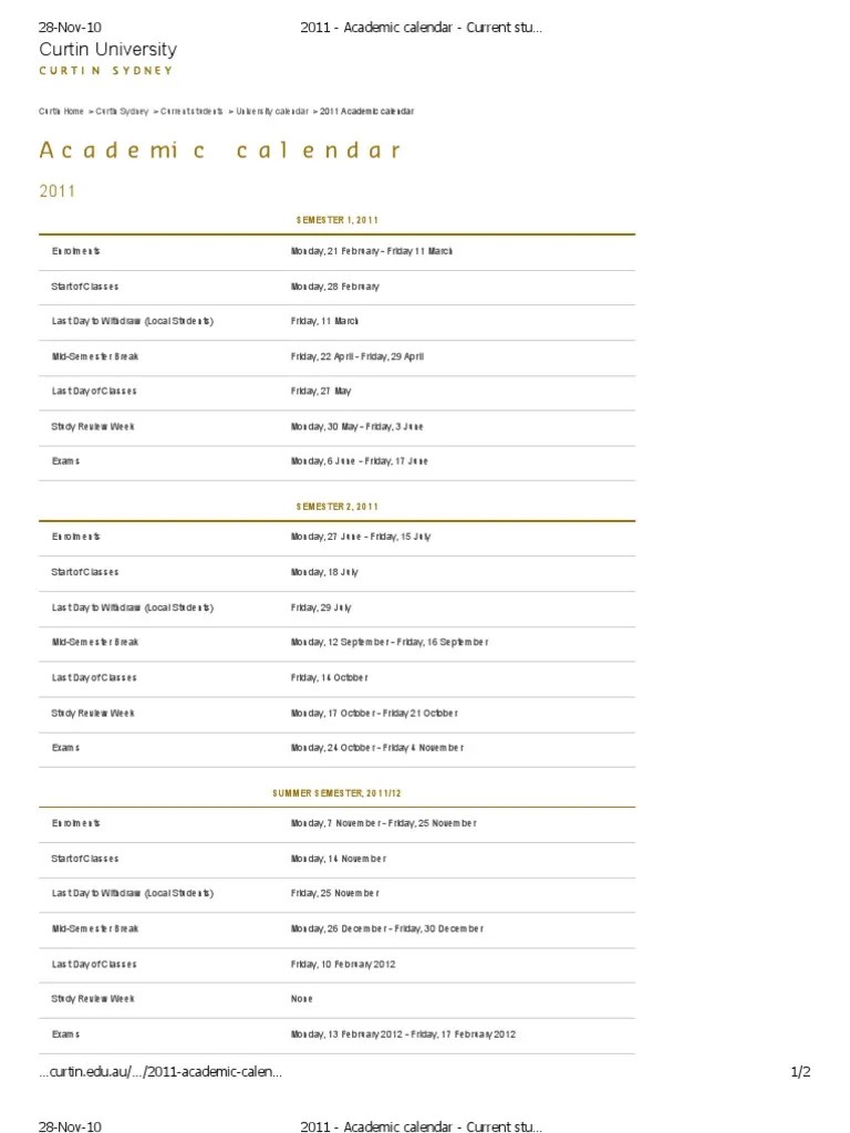 2011 Academic calendar Current students Curtin Sydney Academic