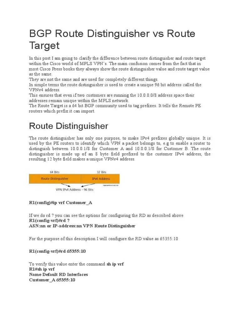BGP Route Distinguisher Vs Route Target PDF Virtual Private Network