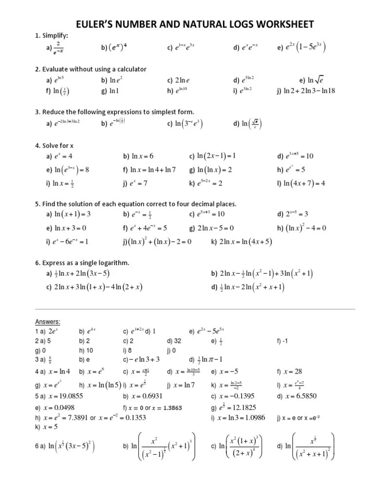 Euler'S Number and Natural Logs Worksheet Lne ln1 PDF Teaching Mathematics Mathematical