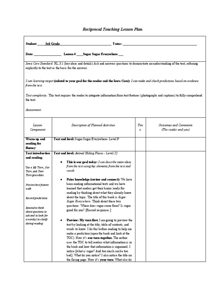 Reciprocal Teaching Lesson Plan From The Text PDF Sucrose Applied Psychology