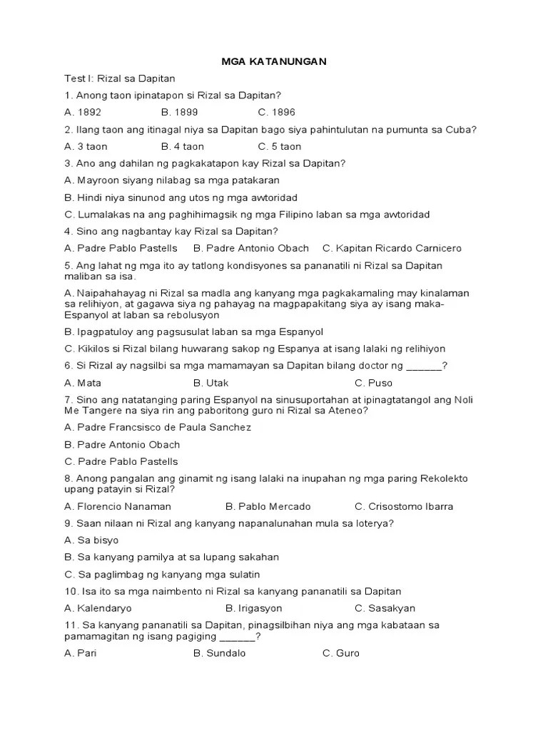 Life and Works of Rizal Sample Test Questions PDF