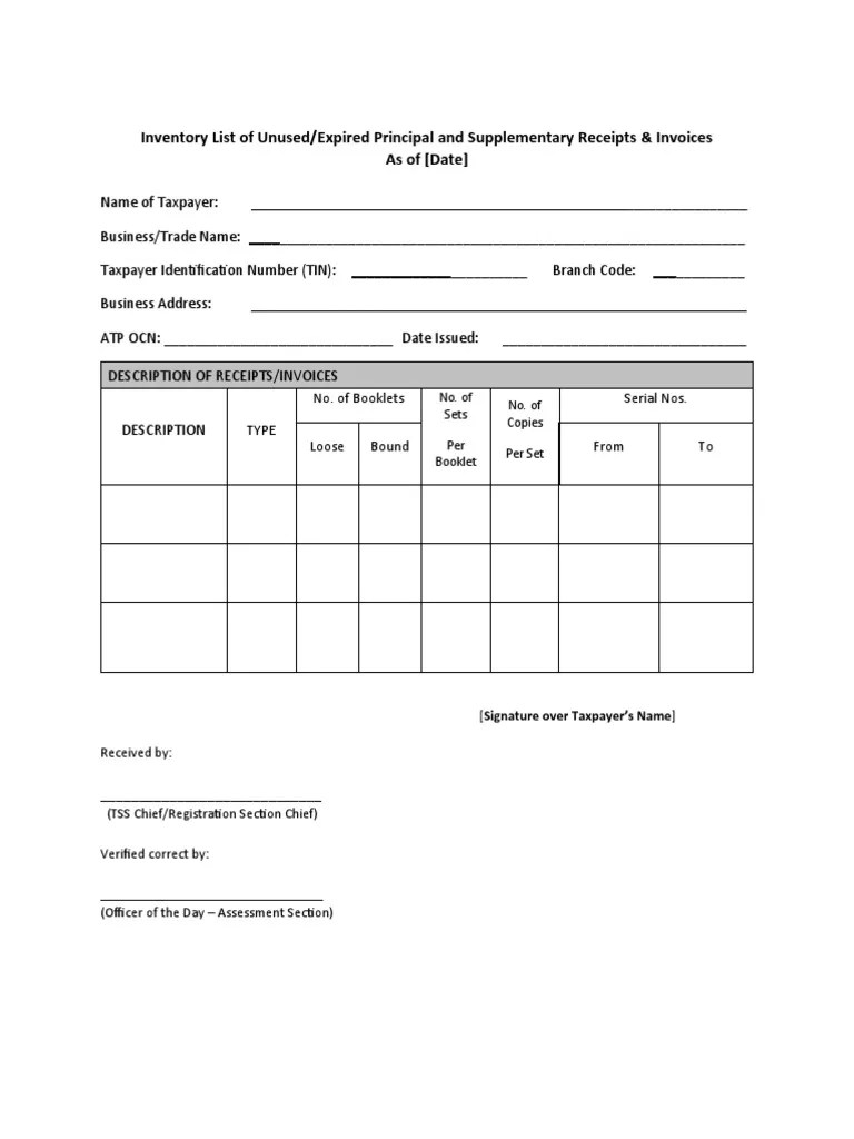 Inventory of Unused Receipts PDF