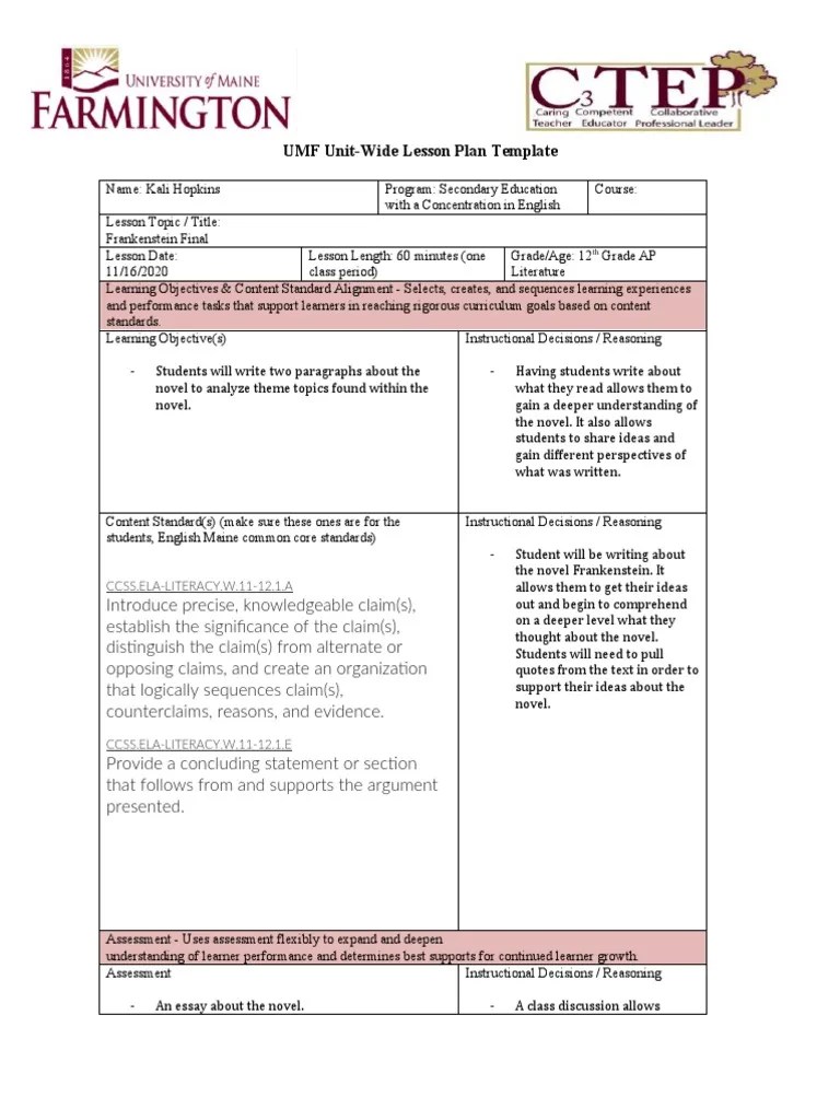 UMF UnitWide Lesson Plan Template CCSS ELALITERACY.W.1112.1.A PDF Neuropsychological