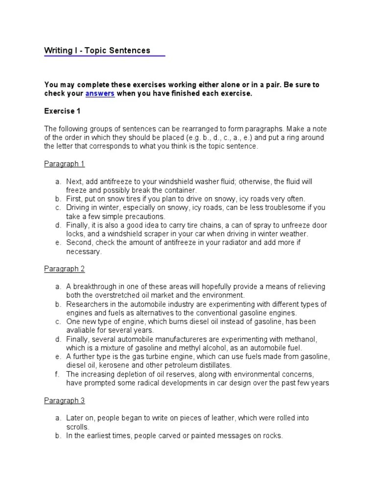 Writing I Topic Sentences PDF Gasoline Diesel Fuel
