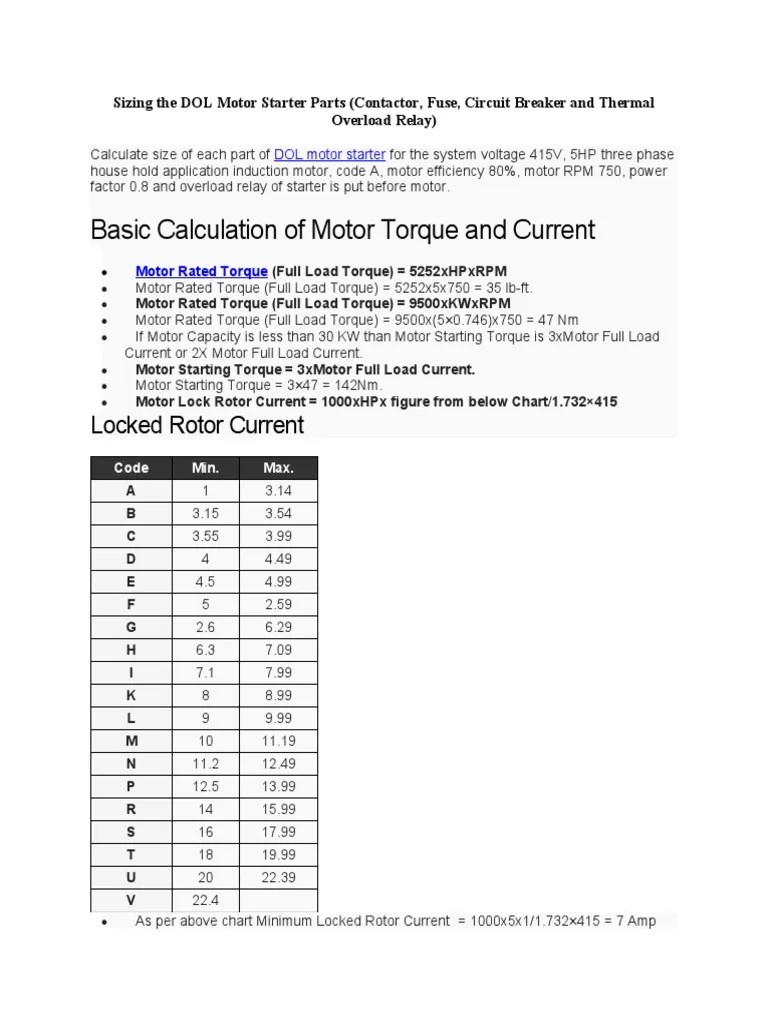 Sizing The DOL Motor Starter Parts PDF