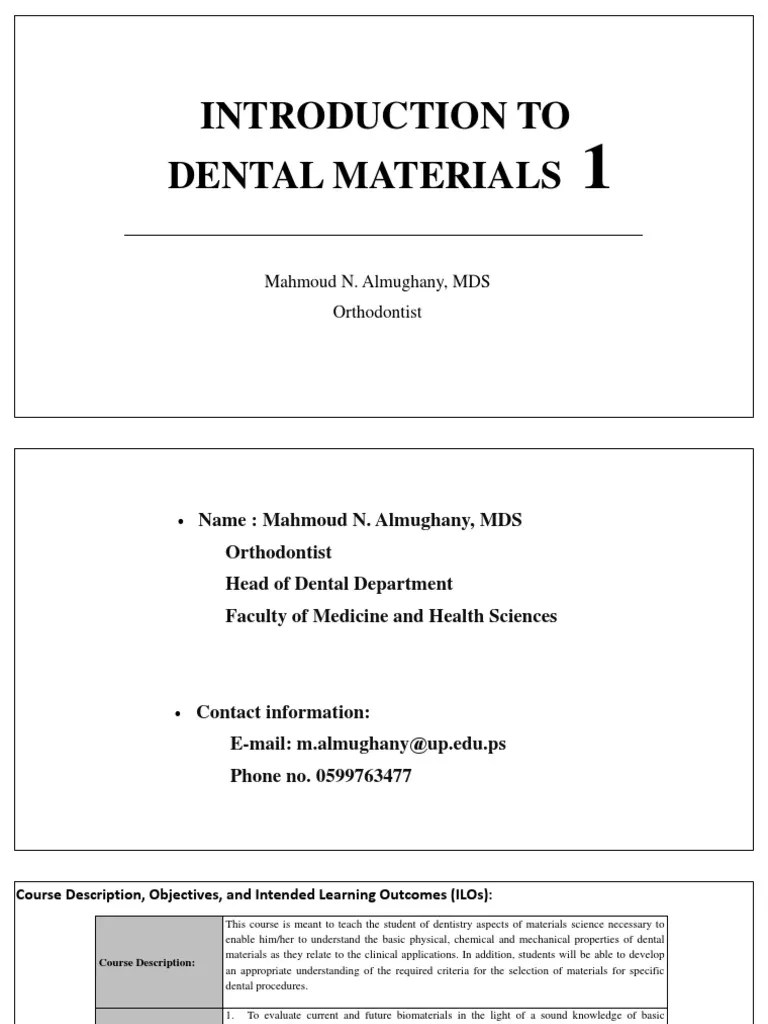 Lec 1 Introduction To Dental Materials PDF Dental Material Polymers