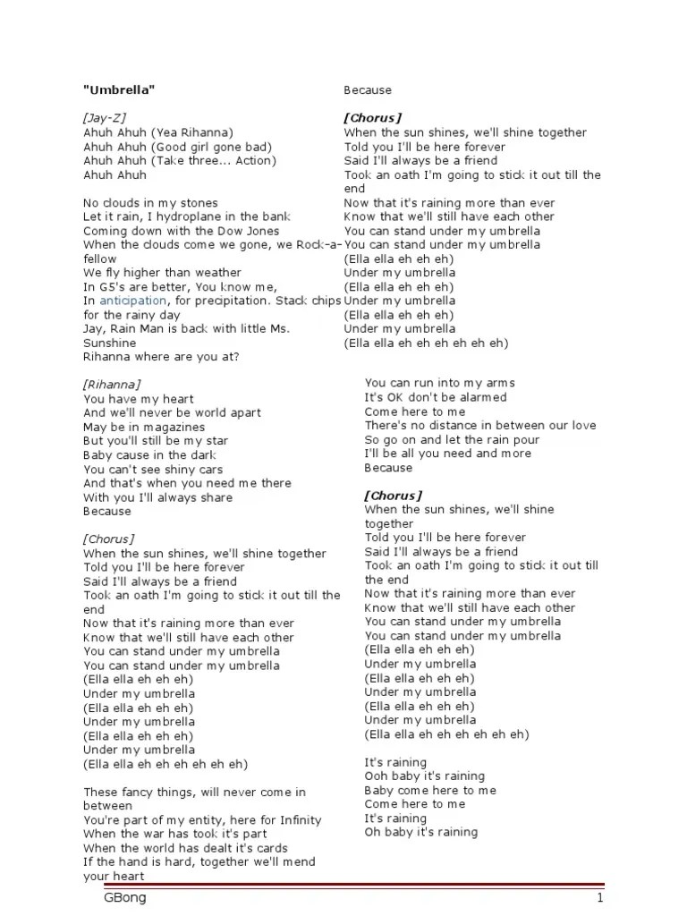 Umbrella Song Lyrics N Worksheet PDF Rain Leisure