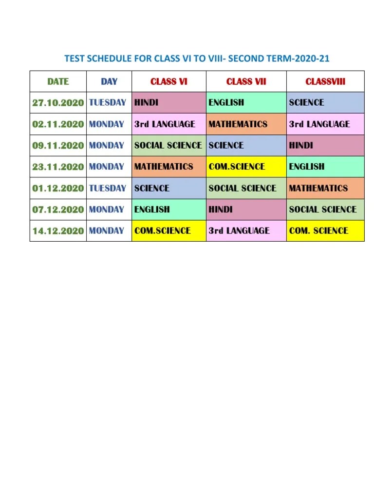 Test Schedule For Class Vi To ViiiSecond Term202021 DAY Tuesday Monday Monday Monday Tuesday
