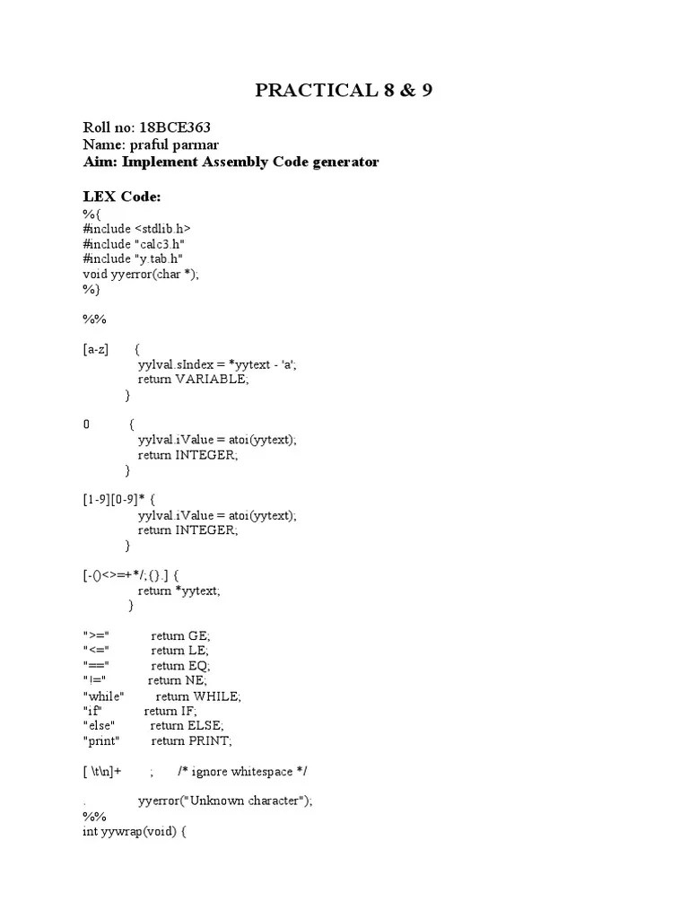 Assembly Code Generator Implementation of a LEX and YACC Compiler for