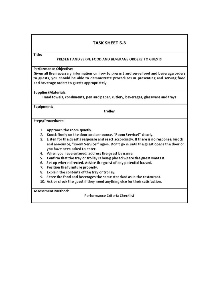 Task Sheet 5.3 Present and Serve Food and Beverage Orders To Guests