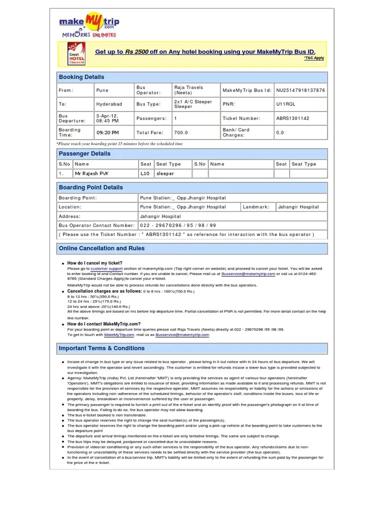 MMT Bus ETicket NU25147918137876 PuneHyderabad PDF Bus