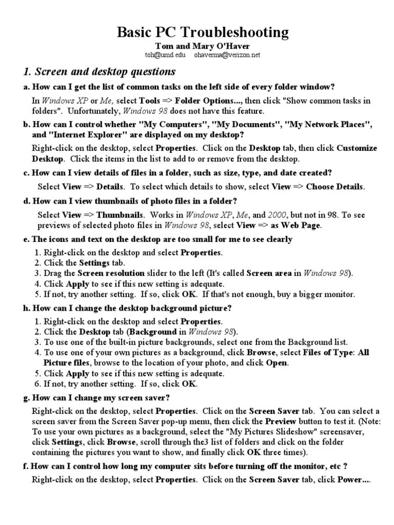 Basic PC Troubleshooting 1. Screen and Desktop Questions PDF Email