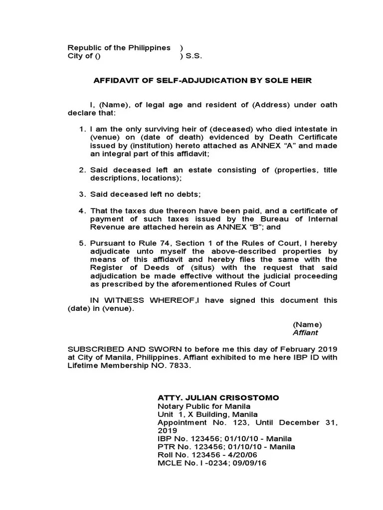Affidavit of SelfAdjudication by Sole Heir PDF