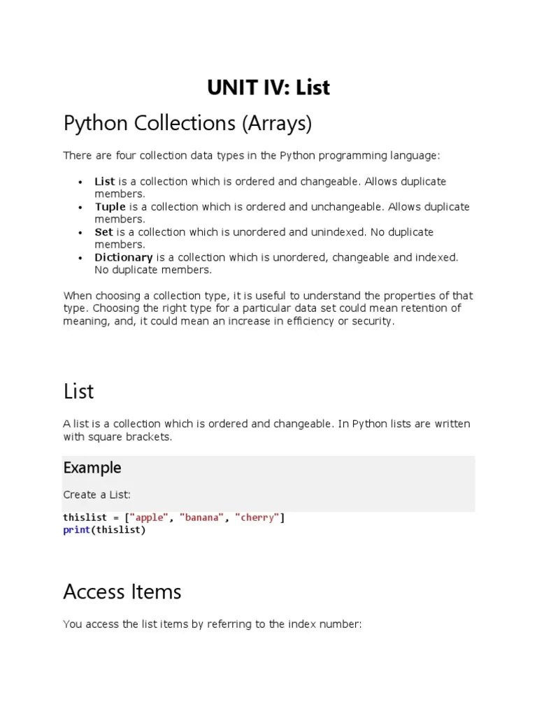 Unit Iv List Python Collections (Arrays) Example PDF Time