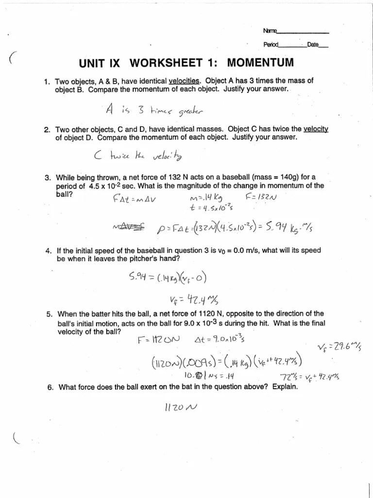 Momentum Worksheet Answer Key