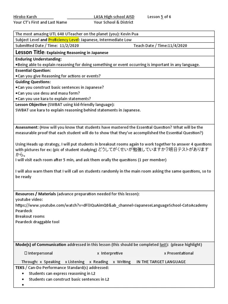 Japanese Lesson Plan 5 PDF Question Reason