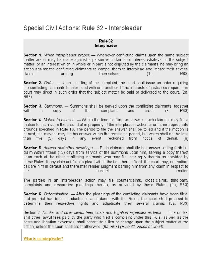 Special Civil Actions Rule 62 Interpleader What Is An Interpleader