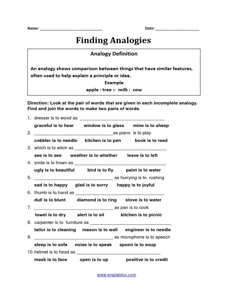 Finding Analogies Worksheet PDF