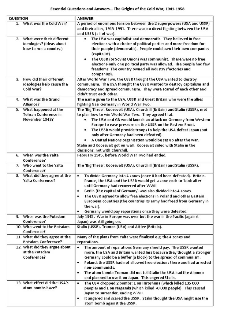 Essential Questions and Answers The Origins of The Cold War, 19411958