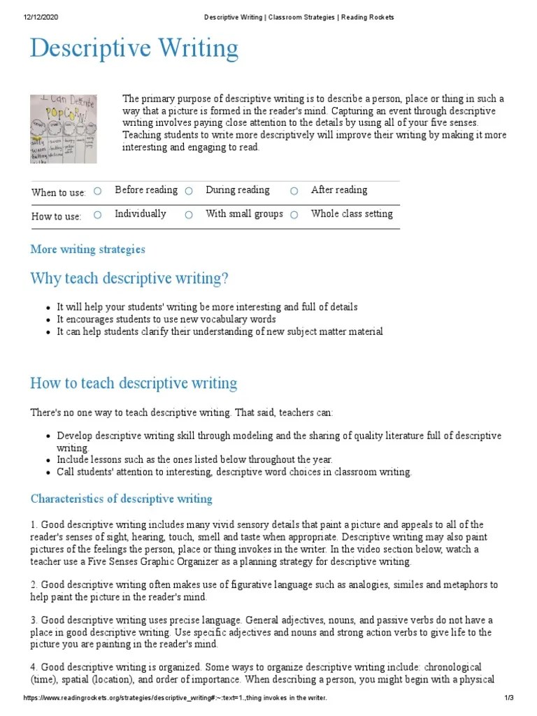 Descriptive Writing Classroom Strategies Reading Rockets PDF