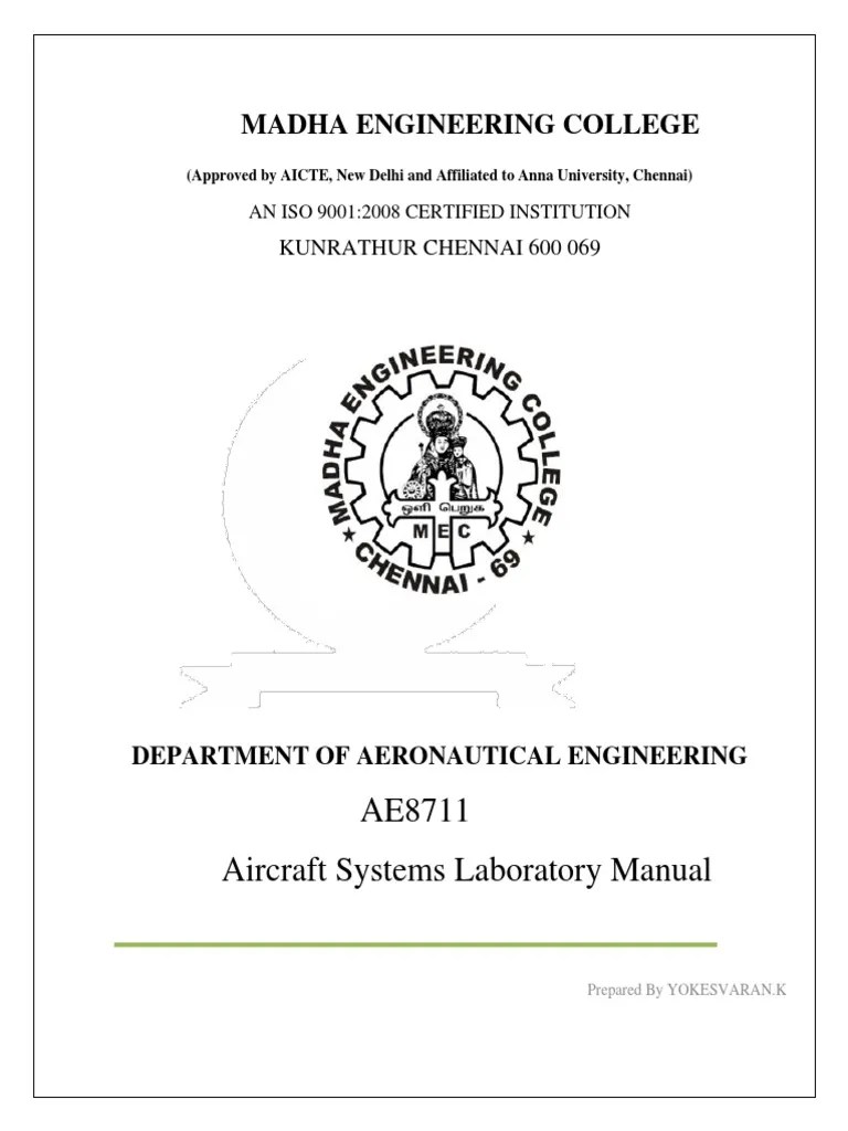 AE8711 Aircraft Systems Laboratory Manual Madha Engineering College
