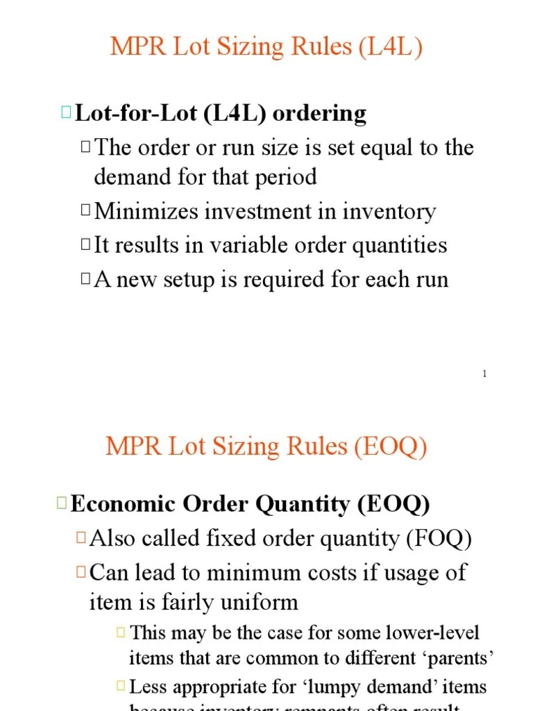 MPR Lot Sizing Rules (L4L) PDF Inventory Business