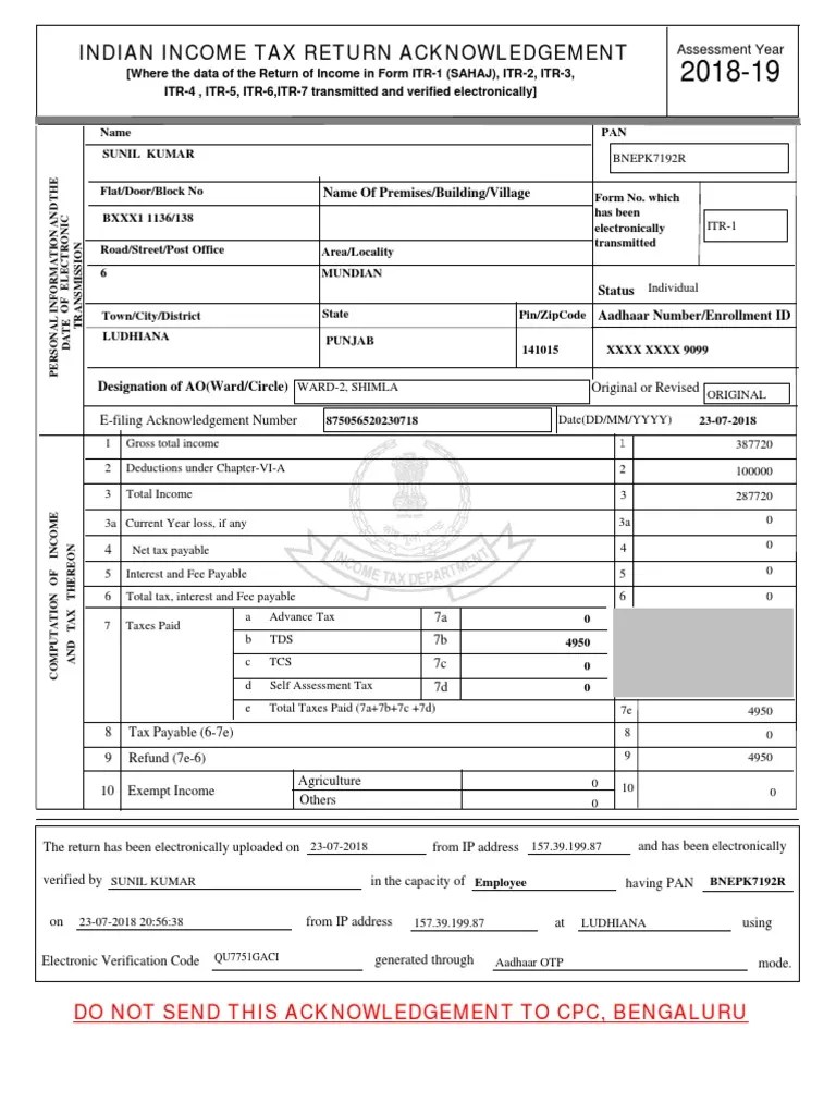 Indian Tax Return Acknowledgement Name of Premises/Building