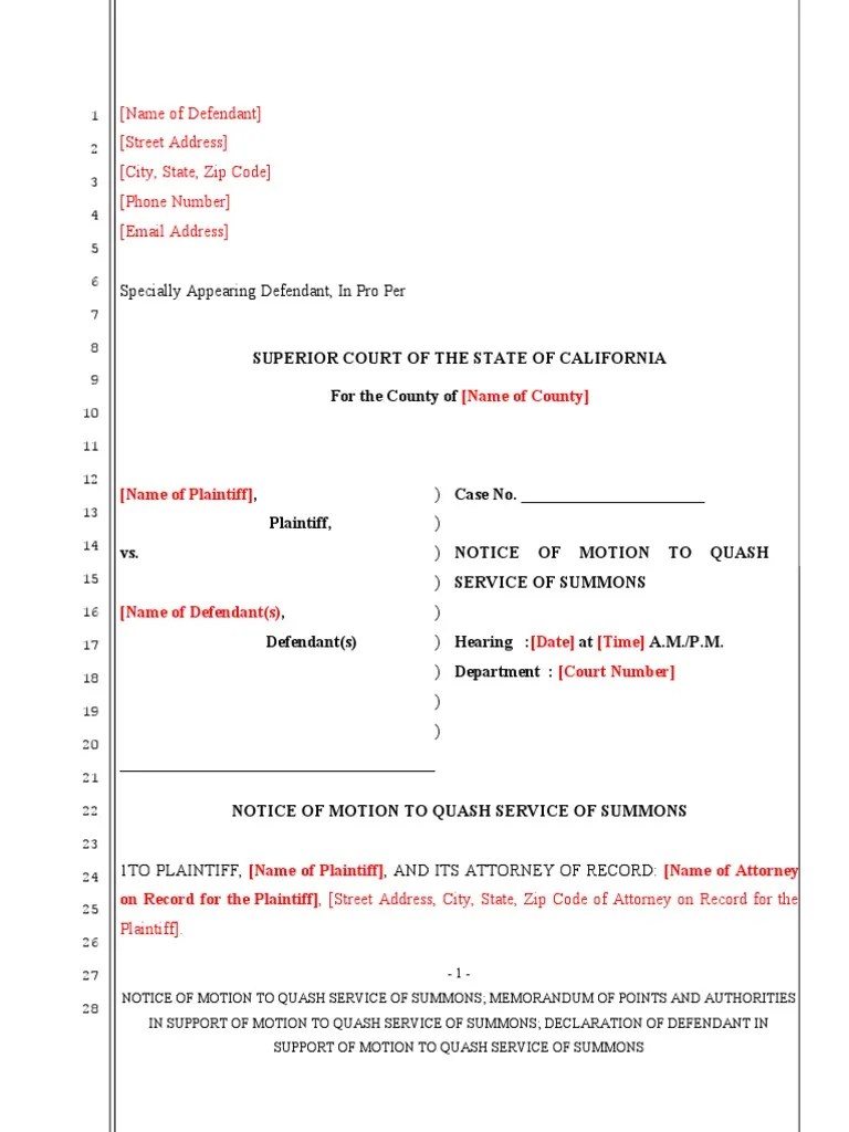 Motion To Quash Service of Summons Unlawful Detainer CA PDF Complaint Summons