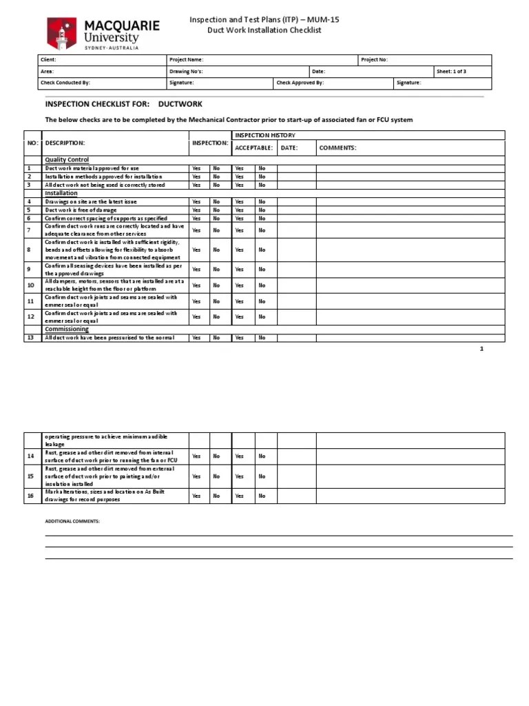 Inspection Checklist For Ductwork Inspection and Test Plans (ITP