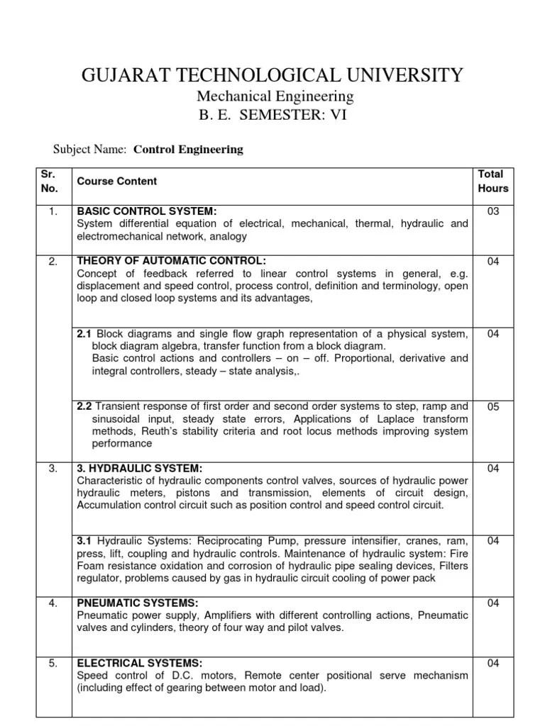 GTU MECHANICAL SEM6 Control Engineering Syllabus PDF Control