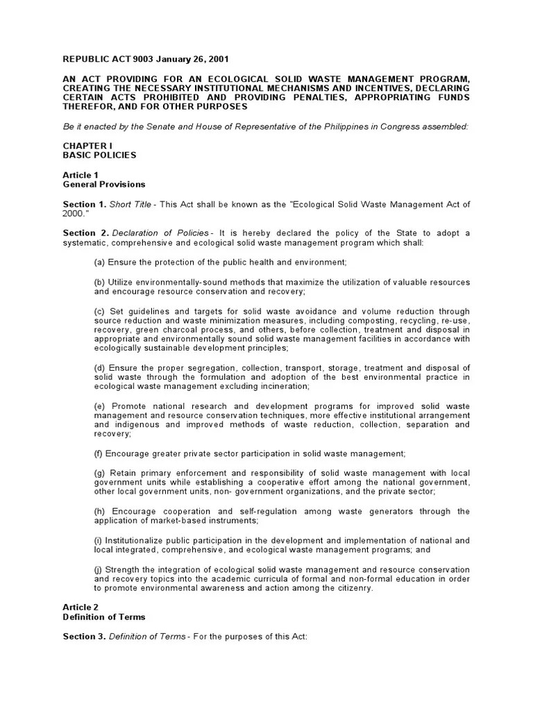 ECOLOGICAL SOLID WASTE MANAGEMENT ACT OF 2000 (RA No. 9003) PDF