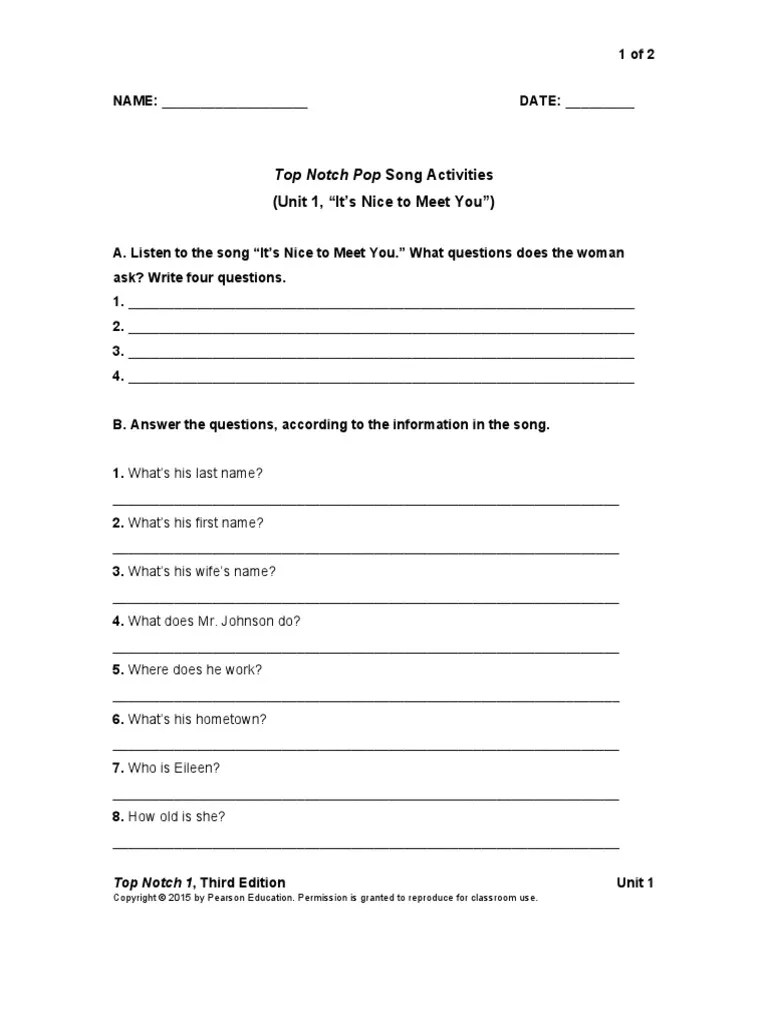 Top Notch Pop Song Activities (Unit 1, "It's Nice To Meet You") PDF