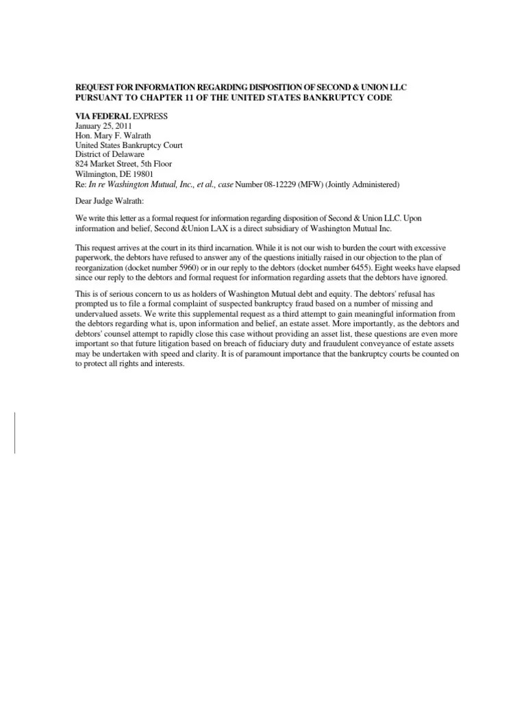 Washington Mutual (WMI) Letter of Request for Information Regarding