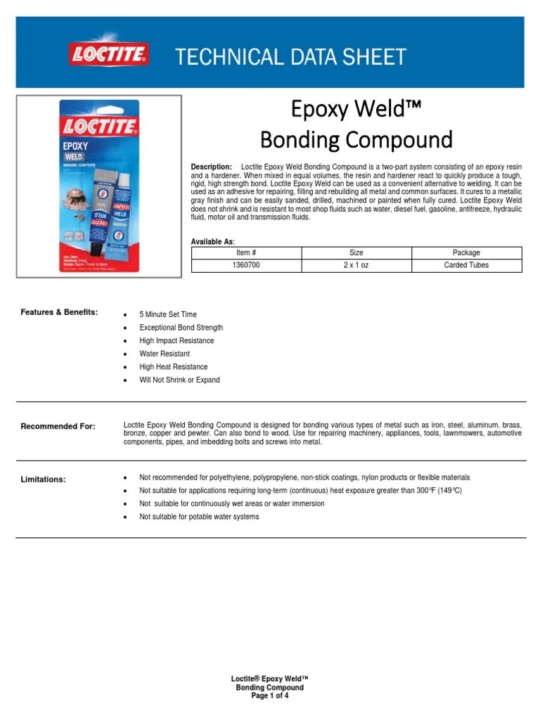TDS 1360700 US Loctite Epoxy Weld Bonding Compound Carded Tubes 2 X 1