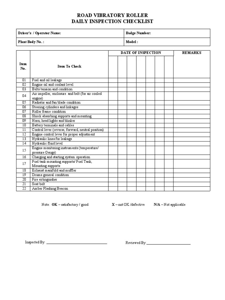 ROAD VIBRATORY ROLLER Daily Inspection Checklist PDF