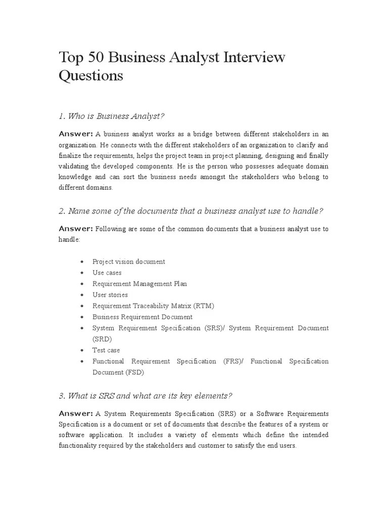 Top 50 Business Analyst Interview Questions PDF Use Case Business