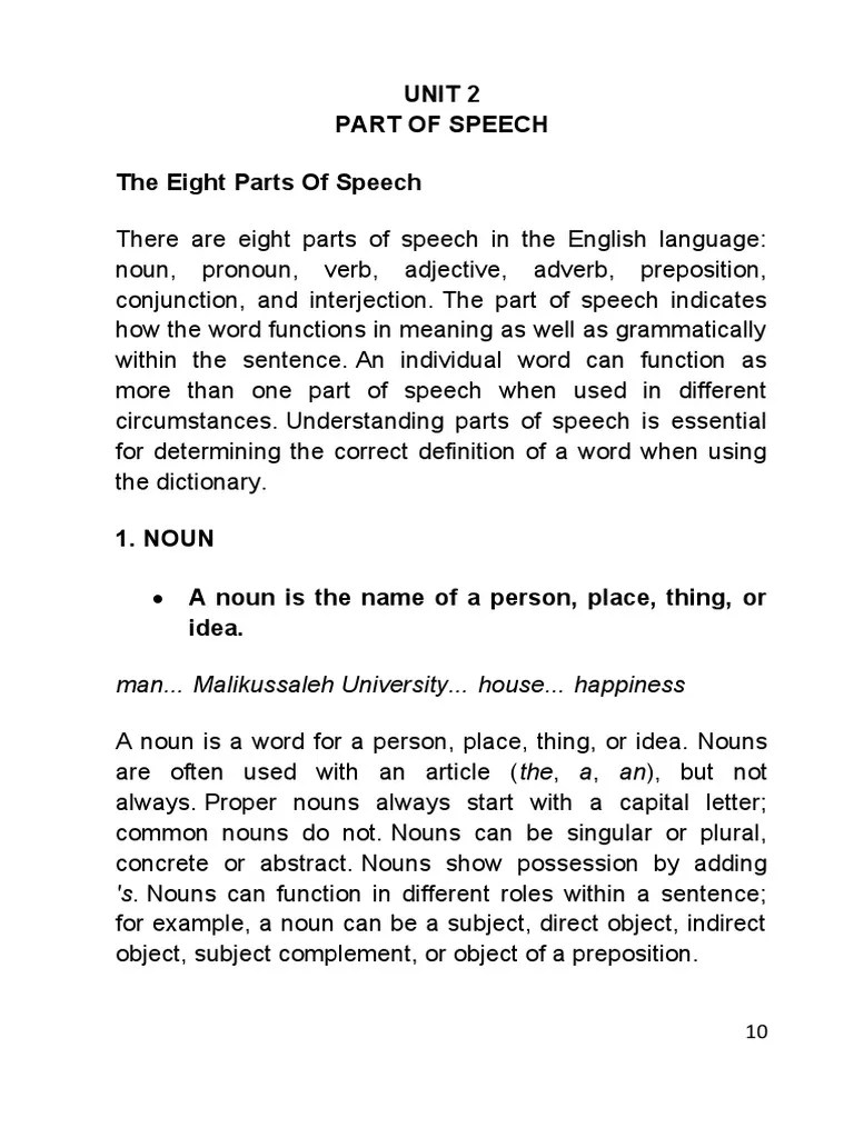 Unit 2 Part of Speech The Eight Parts of Speech Man... Malikussaleh
