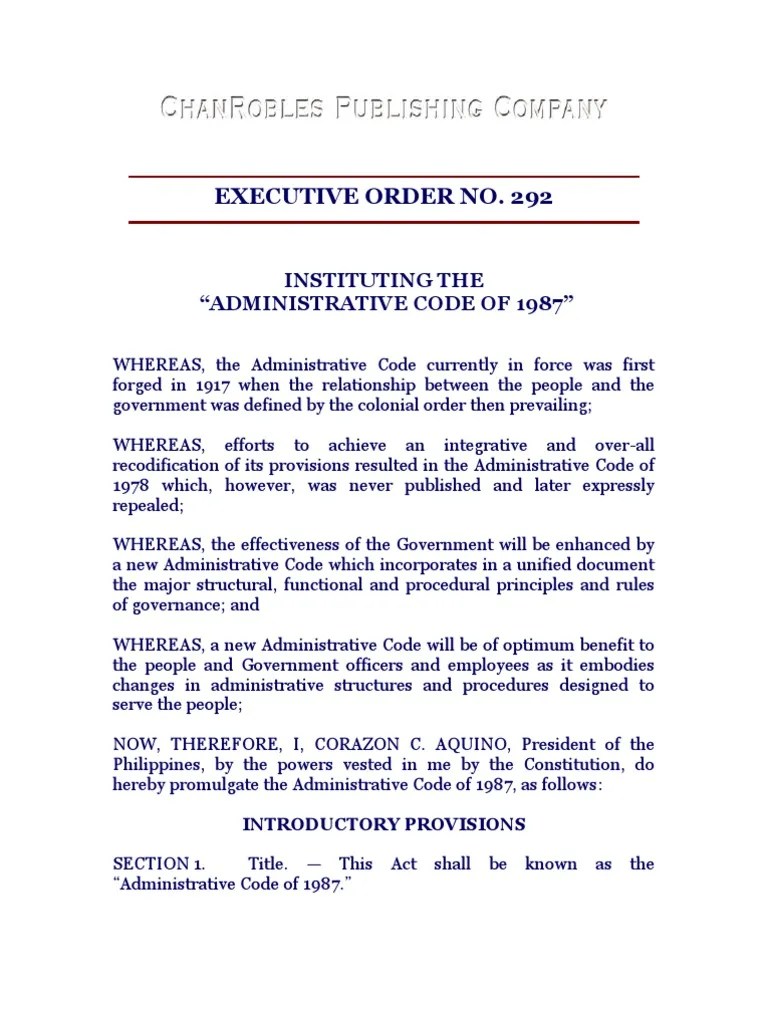 EXECUTIVE ORDER NO. 292 INSTITUTING THE ADMINISTRATIVE CODE OF 1987