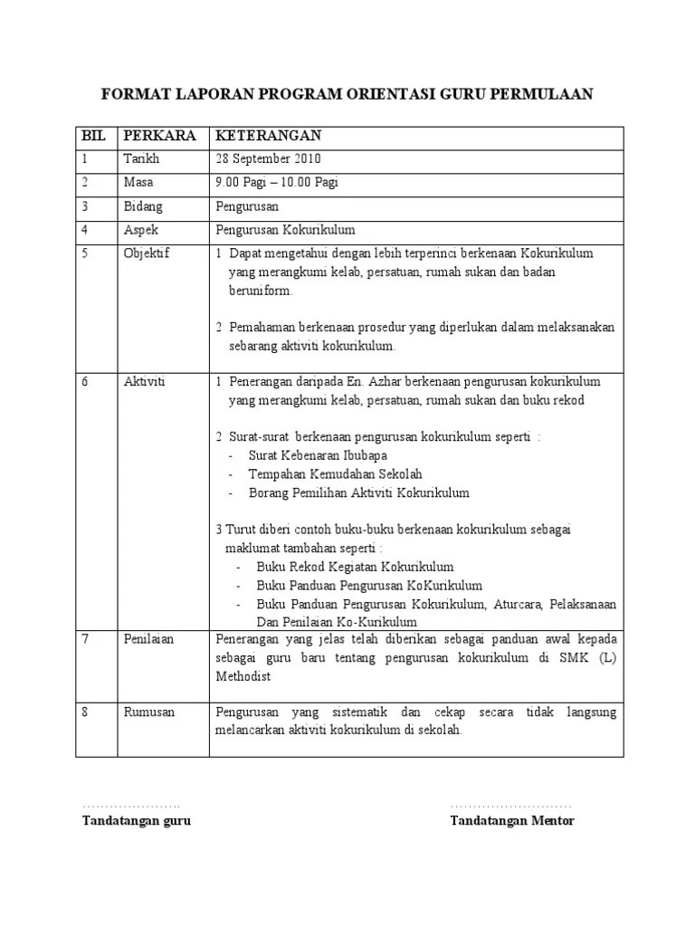 Contoh Laporan Rancangan Orientasi Sekolah