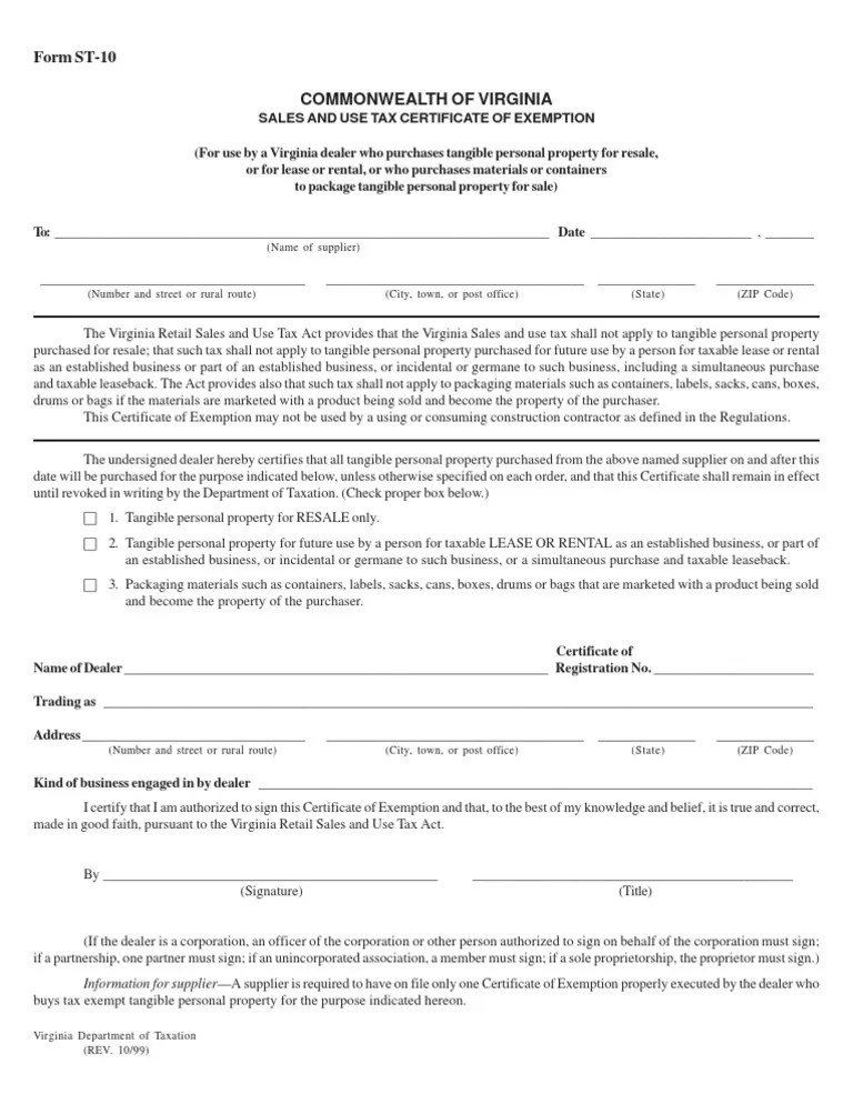 VA Tax Exemption Form Use Tax Packaging And Labeling