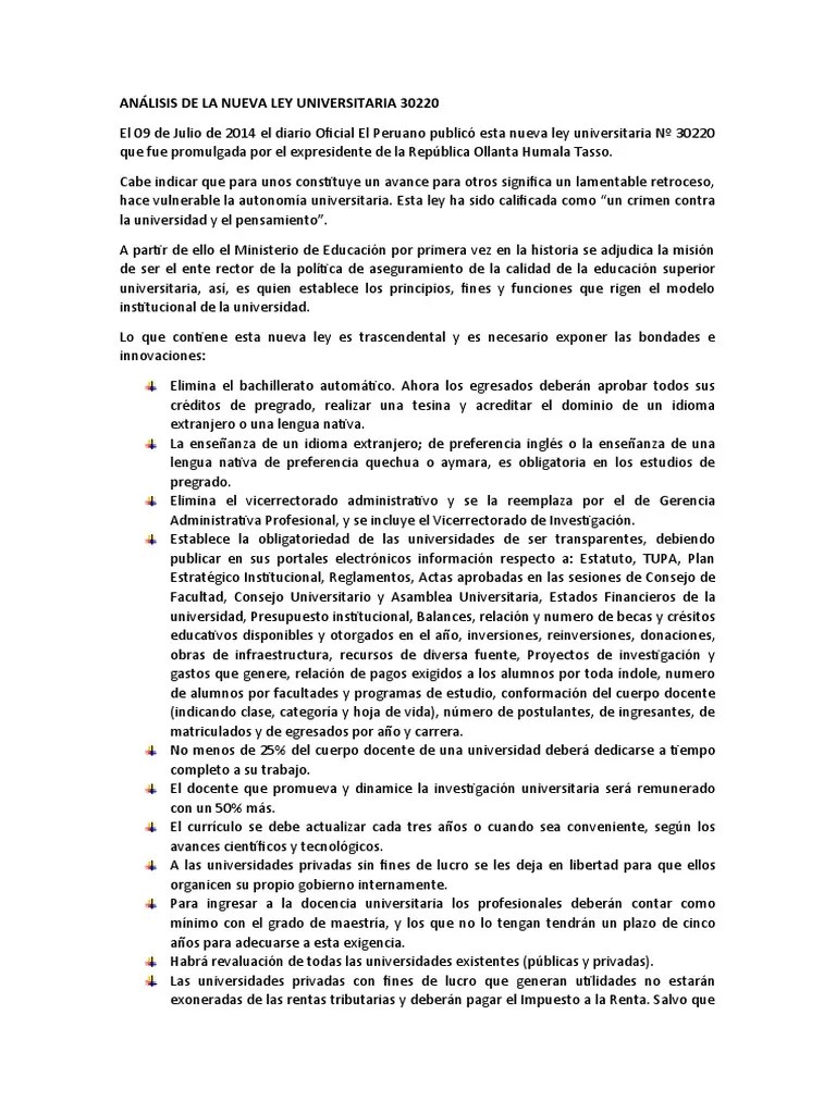 Analisis Ley Universitaria 30220 PDF Universidad Titulo academico